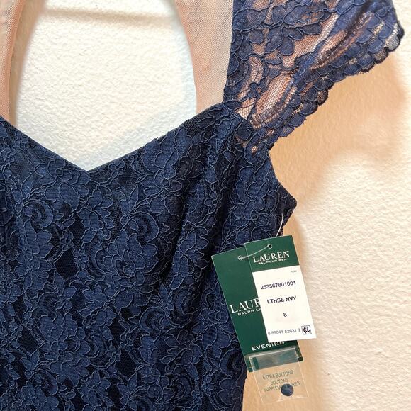 $398 RALPH LAUREN Lace & Floral Print Navy Blue Dress Gown – Size 8 / Medium - Picture 3 of 10